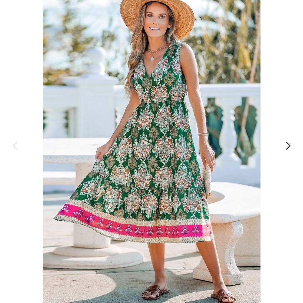 NWT Cupshe Green and Red Sleeveless Boho Maxi Dress M